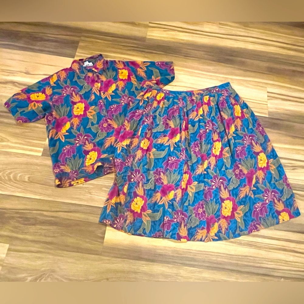 Vintage Alfred Dunner two piece set size 80’s tropical floral shirt 14 skirt 16